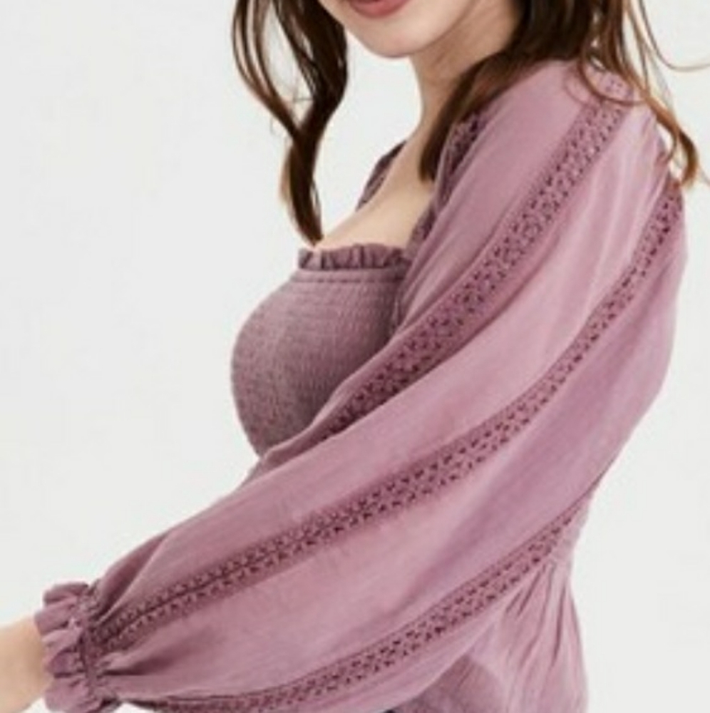 American Eagle Mauve Cropped Smocked Peasant Top - Back Tie size L